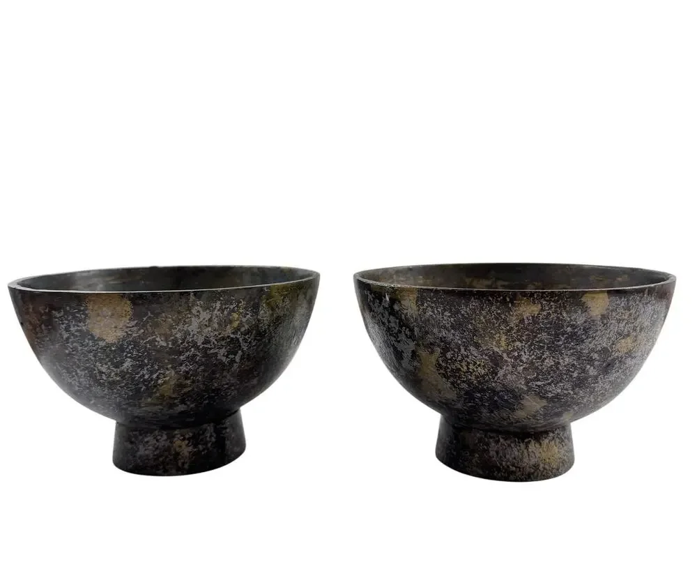 Set of 2 Pedestal Bowls Textured Brass Tone Gray Metal Round Shape Decorative